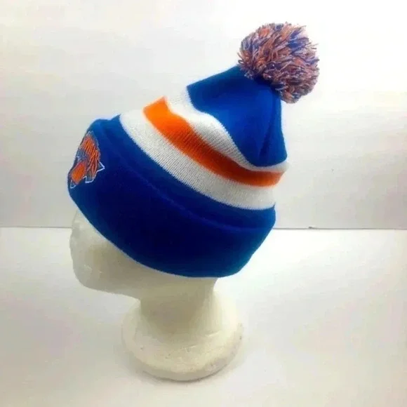 Nicks Blue/Orange/White Cuffed Pom Knit Cap/Beanie - Picture 3 of 5